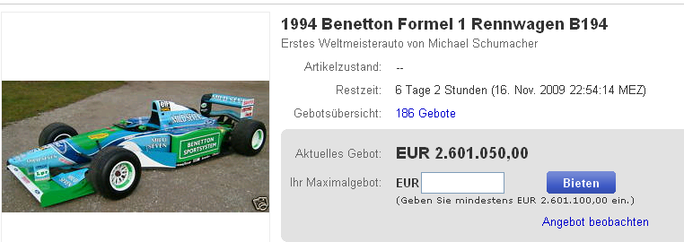 1994 Benetton Formel 1 Rennwagen B194 auf Ebay